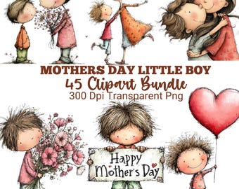 Mom and Son Clipart Bundle, Watercolor Mom and Kids PNG, Little Boy Clipart, Mother’s Day Png, Cute Mama Child Graphics, Digital Download