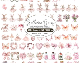 100+ Ballerina Bunny Clipart Bundle,  Floral Bunny Png, Ballet Rabbit Nursery & Baby Shower Graphics, Pink Ballerina, Digital Download