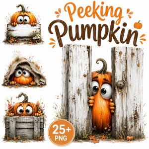 May include: A digital illustration set featuring orange pumpkins with large eyes peeking from behind weathered white wooden fences and crates. The text "Peeking Pumpkin" is written in orange and brown script, with a "25+ PNG" circular badge.