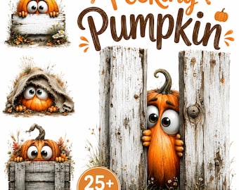 25+ verspielte Kürbis-Cliparts (PNG-Bundle), Herbsttiere, Herbstfiguren (PNG), Versteckte Tiere hinter Mauern (PNG), Kartenbastel-PNG