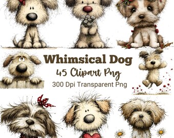 Whimsical Dogs Clipart PNG Bundle, Watercolor Puppy, Spring Floral Dogs, Cute Fluffy Puppies, Vintage Dog, Nursery Decor, Sublimation