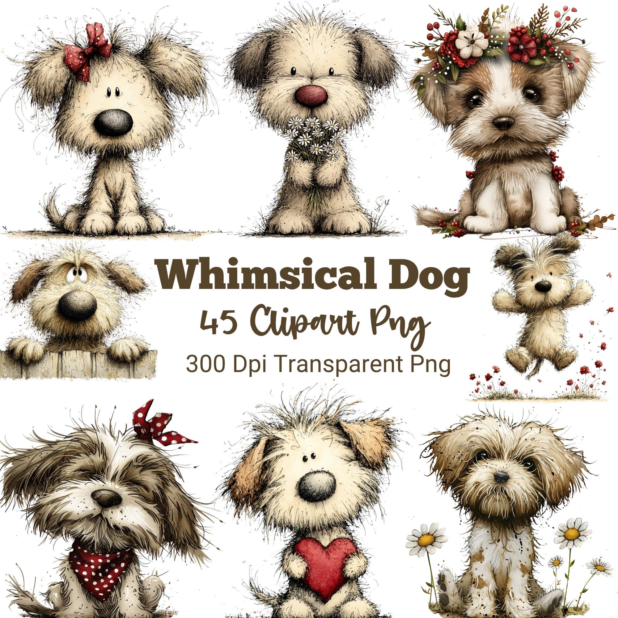 Whimsical Dogs Clipart PNG Bundle, Watercolor Puppy, Spring Floral Dogs ...