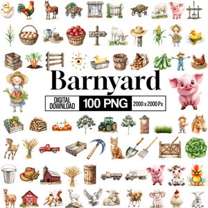 100 Barmyard clipart png bundel, schattige boerderij clipart, Kids Party png, paard varken koe baby dieren png, transparante png, digitale download