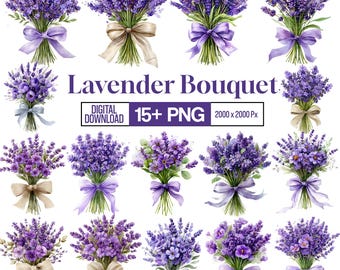 15+ Aquarell Lavendel Bouquet Clipart Bundle, Lavendel Blume PNG, Botanische Blumen Clipart, Lila Blume Illustrationen, digitaler Download
