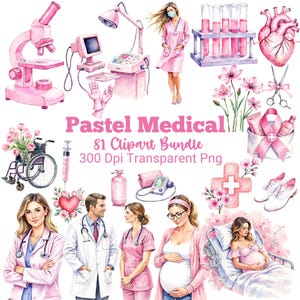 May include: Watercolor clipart bundle featuring medical illustrations in shades of pink. Includes a microscope, medical equipment, medical professionals, and the text "Pastel Medical 81 Clipart Bundle 300 Dpi Transparent Png".