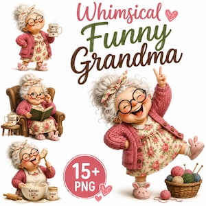 May include: A digital collection of 15+ PNG illustrations featuring a cartoon grandmother with gray hair, round glasses, and a pink cardigan. She is depicted in various poses including holding a coffee mug, reading a book, and baking.