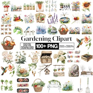 May include: A collection of watercolor gardening clipart images, including flowers, vegetables, gardening tools, and insects. The text "Gardening Clipart" is displayed, along with "DIGITAL DOWNLOAD 100+ PNG 2000 x 2000 px".