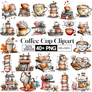 Puede incluir: Una colección de ilustraciones estilo acuarela con tazas de café, máquinas de espresso y escenas de cafetería. El texto dice Coffee Cup Clipart, Digital Download, 40+ PNG, 2000 x 2000 Px y But First Coffee. Se muestran varias tazas y pasteles.