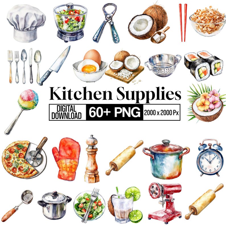 Kitchen Supplies Clipart PNG Bundle , Cooking Utensils Illustration ...
