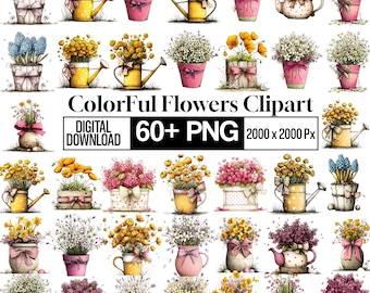 Whimsical Spring Flowers Clipart, Pink Floral Png Bundle, Daisy Clipart, Watercolor Botanical Graphics, Feminine Flower, Sublimation Design