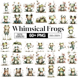 Pode incluir: Uma coleção de ilustrações de sapos caprichosos em várias poses, algumas com detalhes florais. A imagem inclui o texto "Whimsical Frogs", "Digital Download" e "60+ PNG", com uma resolução de 2000 x 2000 px. Os sapos são retratados em estilo aquarela.
