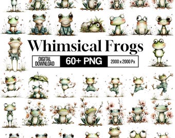 Cute Frog Clipart Bundle, Watercolor Whimsical Frog PNG, Green Frog Clipart, Animal Graphics, Nursery Stickers Sublimation PNG