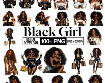 100+ Mode schwarze Mädchen Clipart Png Bundle, elegante schwarze Frau Png, Mode Porträts für Designer, schwarze Mädchen Mütze, digitaler Download