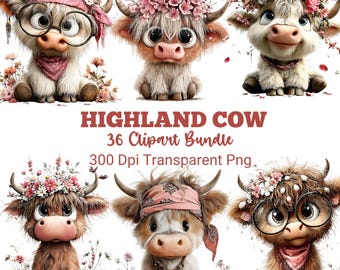 Whimsical Highland Cow Clipart Bundle, Watercolor Baby Cow PNG, Cute Farm Animal Clipart, Nursery Art Graphics, Sublimation Cricut PNG