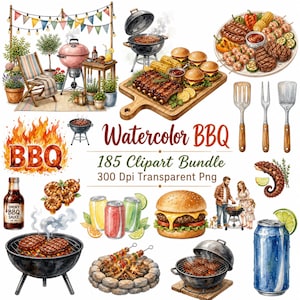 May include: A digital collection of watercolor BBQ illustrations featuring grills, cooked meats, burgers, skewers, beverages, and cooking utensils. The text reads Watercolor BBQ 185 Clipart Bundle 300 Dpi Transparent Png with BBQ in flames.