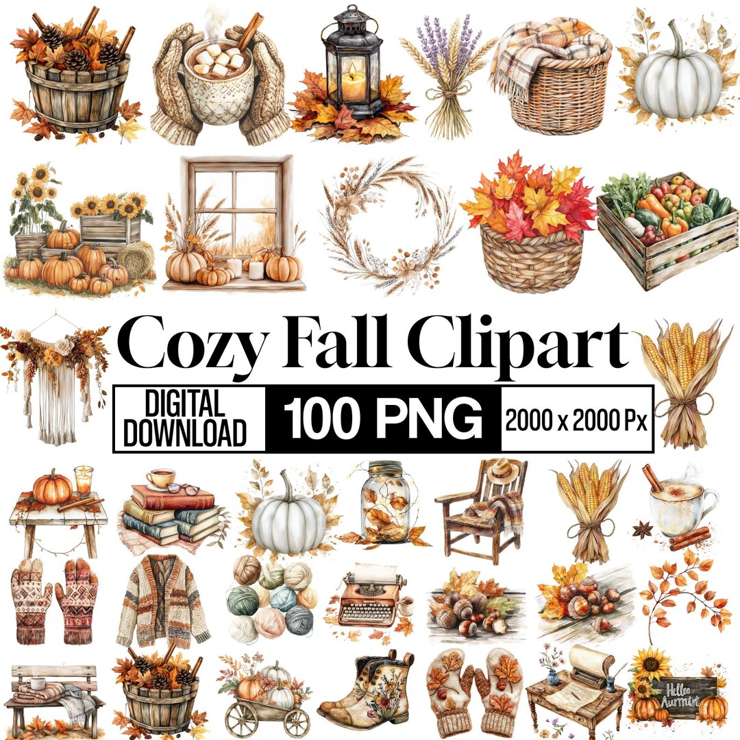 100 Cozy Fall Clipart Bundle, Autumn Watercolor Png Bundle,halloween ...