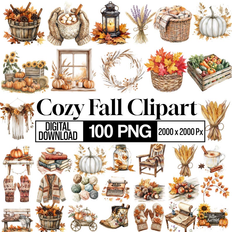 100 Cozy Fall Clipart Bundle, Autumn Watercolor Png Bundle,halloween ...