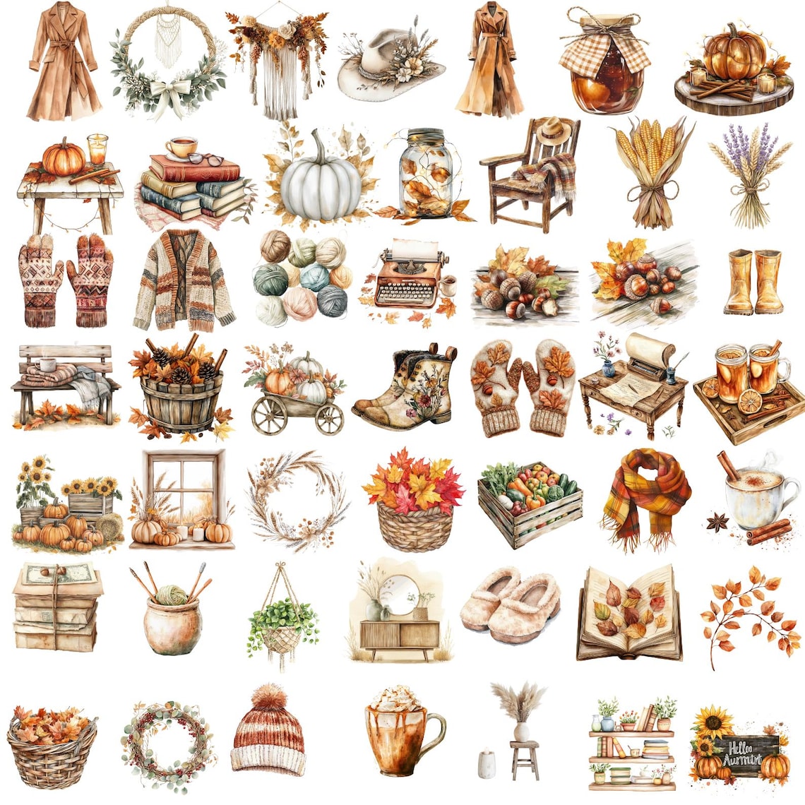 100 Cozy Fall Clipart Bundle, Autumn Watercolor Png Bundle,halloween ...