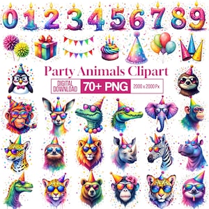 May include: A digital collection of party-themed clipart featuring colorful numbered candles, gift boxes, bunting, cakes, party hats, balloons, and various animals wearing party hats and sunglasses, with the text Party Animals Clipart 70+ PNG.