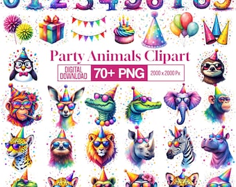 Party Animals Clipart PNG Bundle, 70+ Colorful Birthday Animals Party Hat Sunglasses, Kids Party Clipart, Instant Download, Digital Download