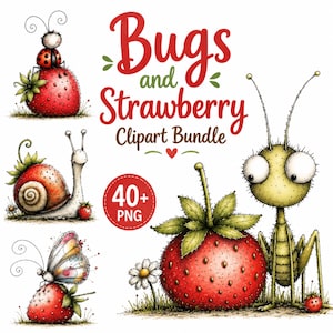 40+ akvarell insekter och jordgubbar PNG Clipart-paket, direktnedladdning