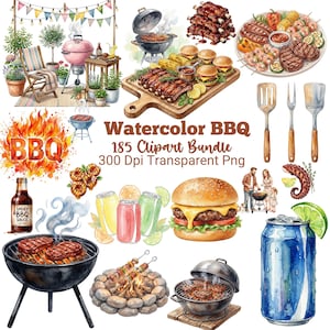 Può includere: Pacchetto di clipart ad acquerello a tema barbecue con vari elementi di grigliatura. Include una griglia rosa, hamburger, costine, spiedini e una varietà di utensili per grigliare. Il testo "Watercolor BBQ 185 Clipart Bundle 300 Dpi Transparent Png" è visibile.