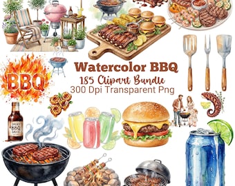 185 BBQ Grill Party Clipart Bundle, Summer Cookout Food  Set, Barbecue Elements Illustration, Steak Ribs Picnic Graphics, Digital Download