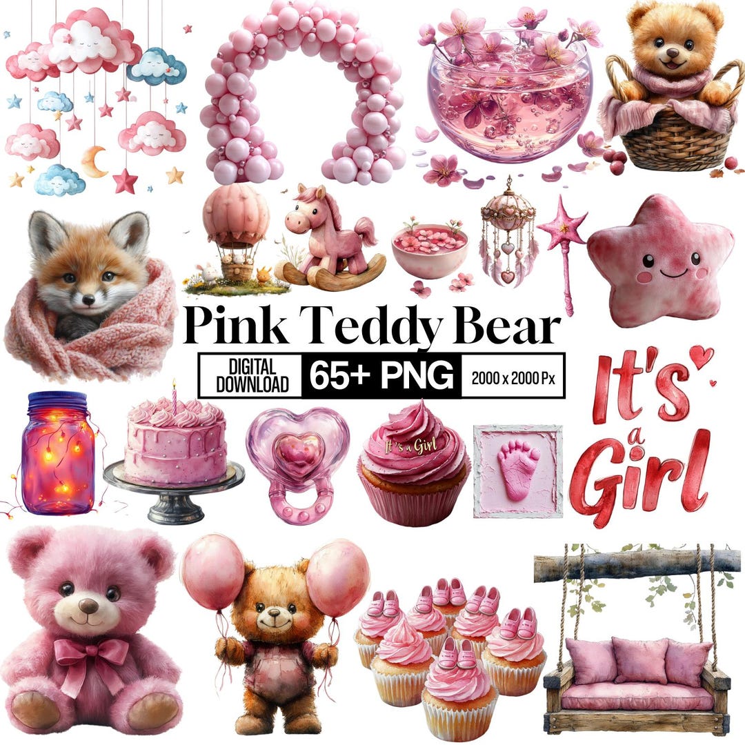 70 Pink Teddy Bear Clipart Bundle, Sweet Pink Teddy Baby Girl Clipart ...