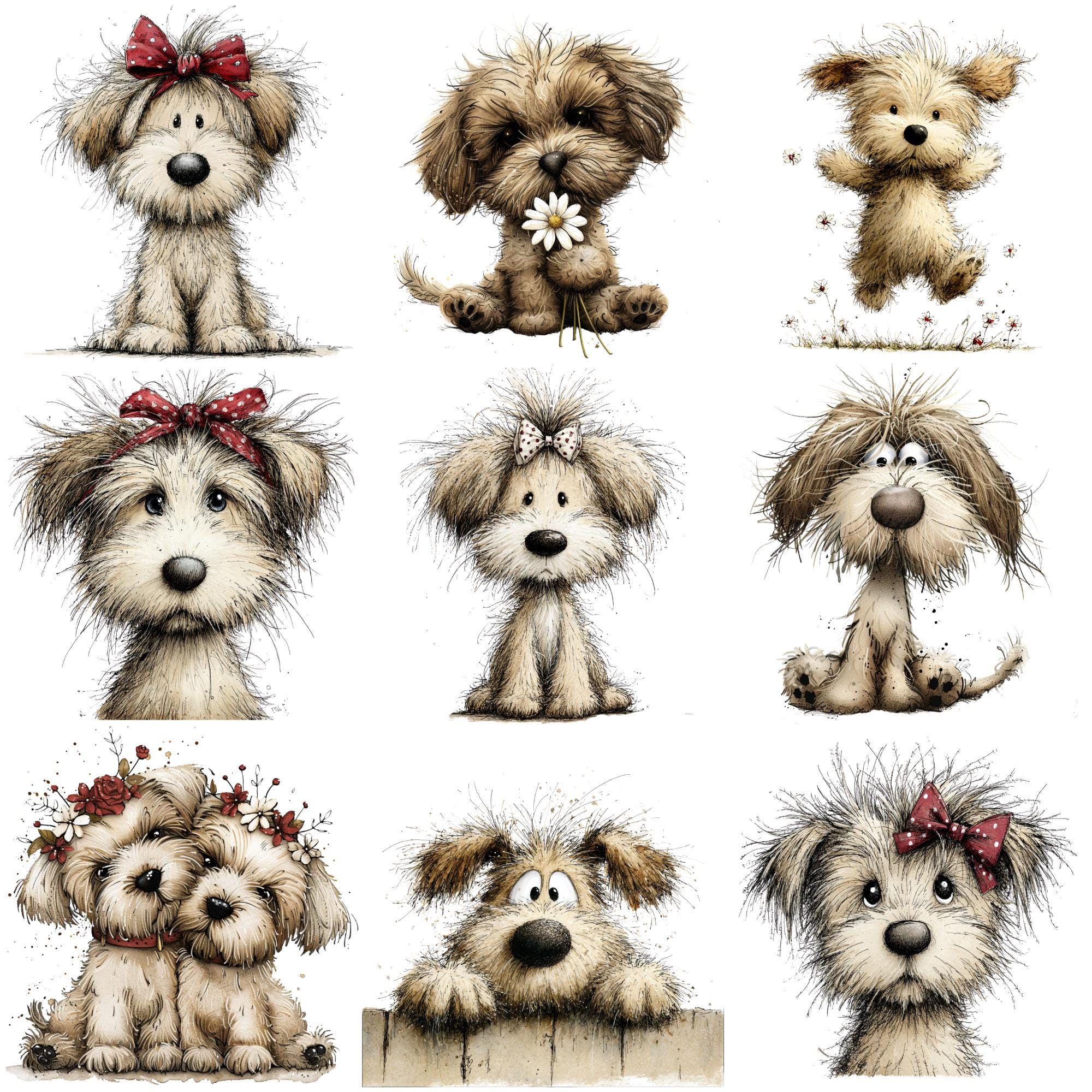 Whimsical Dogs Clipart PNG Bundle, Watercolor Puppy, Spring Floral Dogs ...
