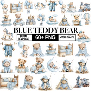 Op de afbeelding: Digitale download van aquarel illustraties met meerdere teddyberen in verschillende poses en omgevingen. De beren zijn afgebeeld met blauwe accenten, waaronder kleding, accessoires en rekwisieten. Tekst luidt "BLUE TEDDY BEAR" en "60+ PNG".