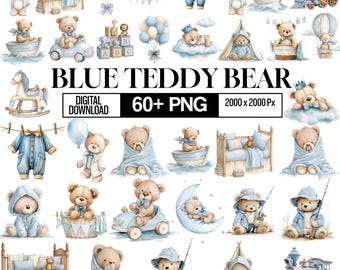 Blue Teddy Bear Clipart Bundle, Baby Boy Nursery PNG, Watercolor Teddy Bear Clipart, First Birthday Boy Graphics, Vintage Toy, Baby Shower