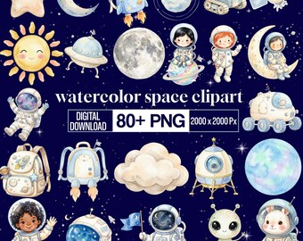 80+ Watercolor Space Clipart Png Bundle, Galaxy Planet PNG, Cute Cosmic Sublimation Designs, Astronaut Star Graphics, Digital Download