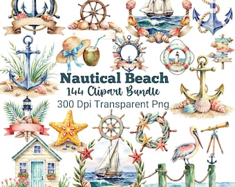 144 Nautical Beach Clipart Set, Coastal Ocean PNG Bundle, Summer Seashell Anchor Graphics, Watercolor Beach Designs, Digital Download