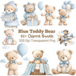 Może przedstawiać: Cyfrowa kolekcja jasnobrązowych pluszowych misiów z niebieskimi akcentami, w tym misie z prezentami, balonami i samolotem. Tekst brzmi Blue Teddy Bear 60+ Clipart Bundle 300 Dpi Transparent Png. Misie mają niebieskie kokardy i ubranka.