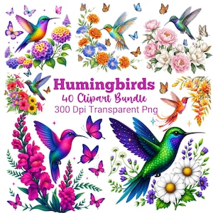 May include: A digital clipart bundle featuring colourful hummingbirds, butterflies, and various floral arrangements. The text reads Humingbirds 40 Clipart Bundle 300 Dpi Transparent Png. The illustrations include vibrant pink, green, and blue birds.