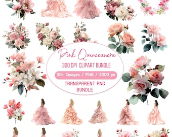 30+ Pink Quinceanera Clipart Bundle,Pink Ball room princess Png,pink Flowers Clipart,Flowers Princess Dress Png, Digital Download
