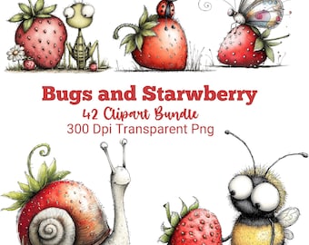 40+ Bugs and Strawberry Clipart Bundle, Cute Insects & Strawberry PNG, Watercolor Garden Art, Kids Summer Design, Digital Download