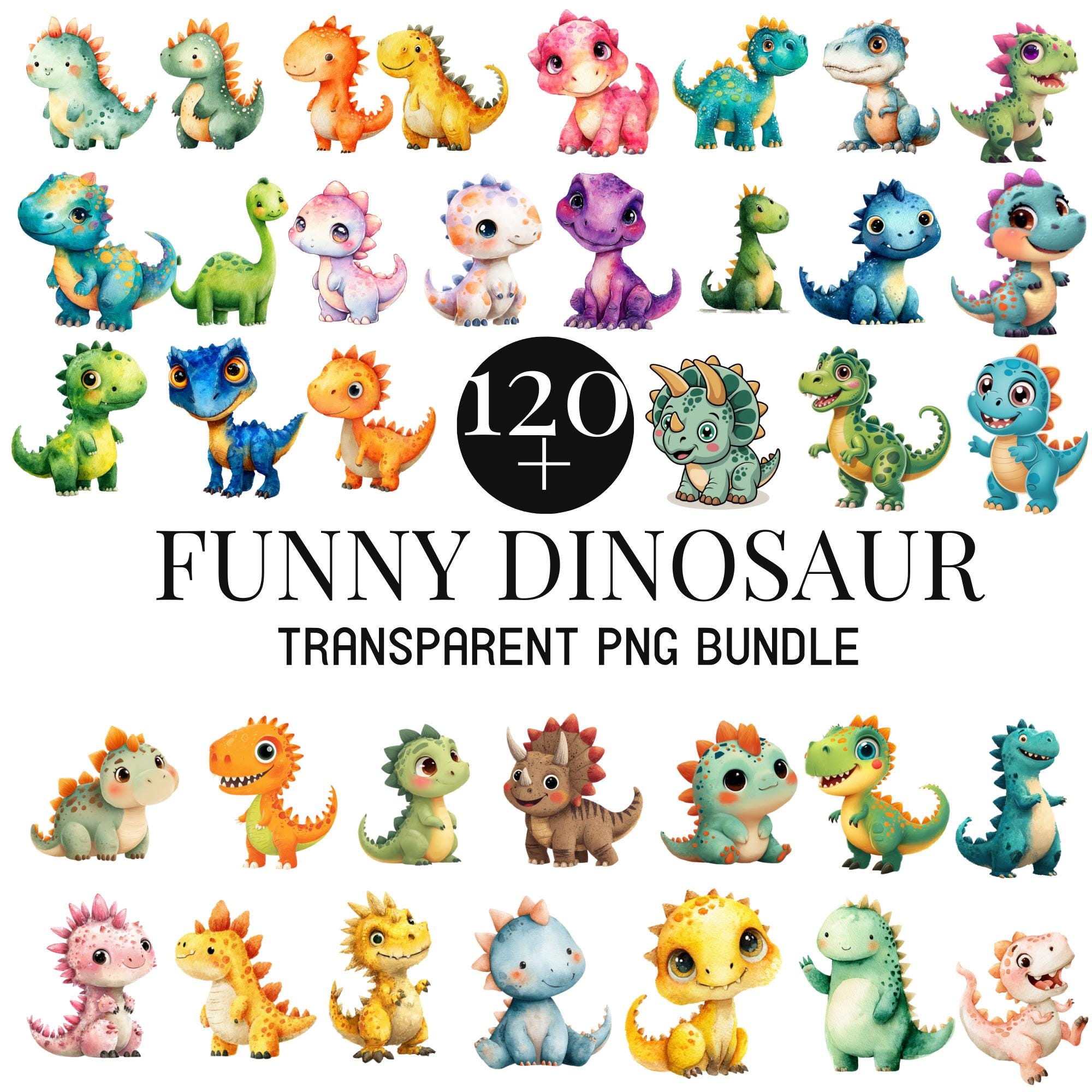 120+ Funny Dinosaur Clipart Bundle, Watercolor Dino Png Bundle, Cute ...