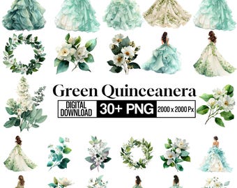 30+ gröna Quinceanera Clipart-paket, grön balsalsprinsessa png, gröna blommor clipart, blommor prinsessklänning png, digital nedladdning