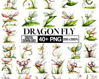Dragonfly PNG Clipart Bundle, Watercolor Insect, Whimsical Fairy Garden Graphics, Elegant Dragonfly, Nursery Decor, Sublimation Png
