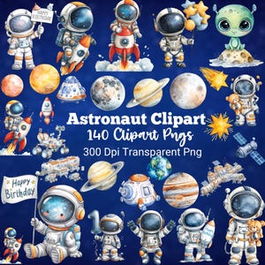Może przedstawiać: Kolekcja kolorowych obrazków clipartów o tematyce astronautów. Ilustracje obejmują astronautów, rakiety, planety i elementy związane z kosmosem. Tekst na obrazku brzmi "Astronaut Clipart 140 Clipart Pngs 300 Dpi Transparent Png" i "Happy Birthday".