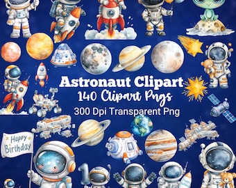 Söt astronaut clipart-paket, rymdfödelsedag png, akvarell rymden, solsystemets planeter, raket clipart, yttre rymden png, digital nedladdning