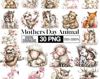 Mothers Day Animal Clipart PNG Bundle, Cute Mom Baby Animals Illustration, Floral Mothers Day Graphic, Love Family Element, Digital Download