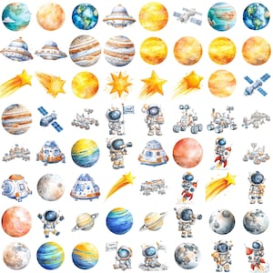 May include: Watercolor illustrations of planets, stars, spaceships, astronauts, and space rovers. The images feature a variety of celestial bodies in shades of orange, yellow, blue, and brown. The astronaut illustrations include a birthday flag and a telescope.