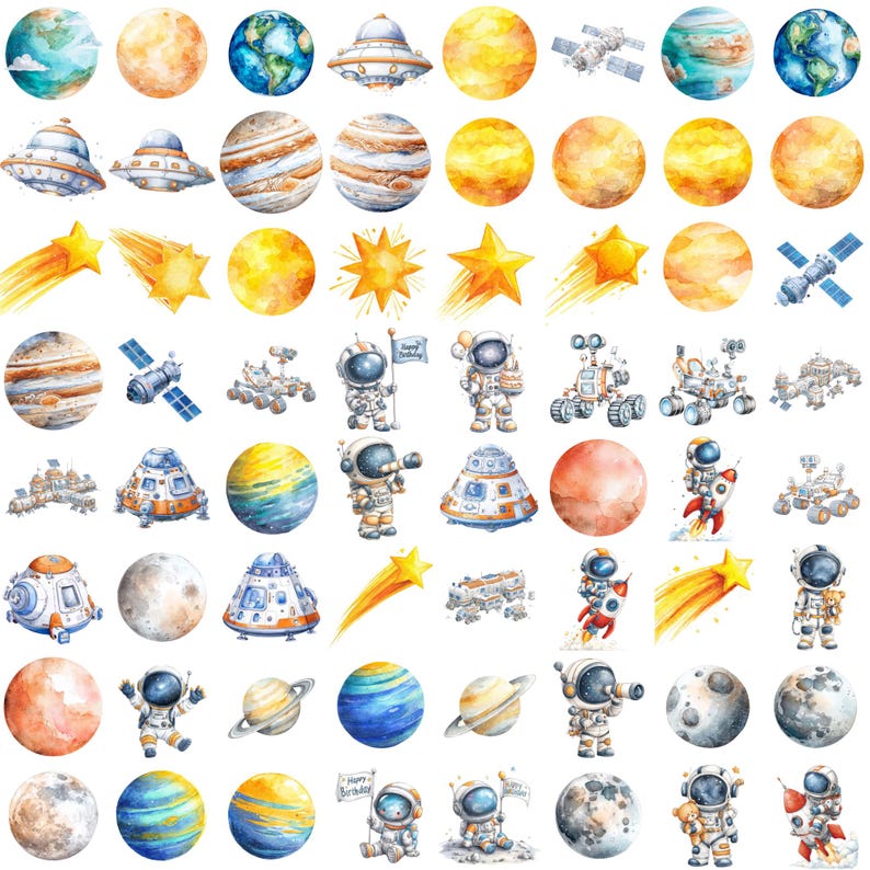 May include: Watercolor illustrations of planets, stars, spaceships, astronauts, and space rovers. The images feature a variety of celestial bodies in shades of orange, yellow, blue, and brown. The astronaut illustrations include a birthday flag and a telescope.