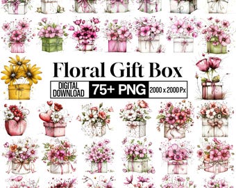 75+ Flowers in Gift Box Clipart , Floral Box Arrangement Illustration, Bouquet Gift Graphic, Romantic Flower Box Element, Digital Download