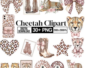 30+ gepard clipart PNG-paket, illustrationer av vilda djur, safaridjungel gepardgrafik, leopardmönsterelement, digital nedladdning