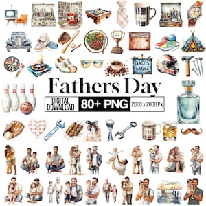 May include: Watercolor illustrations for Father's Day, featuring tools, sports equipment, food, and family scenes. Includes a sign that says "Dad's Garage" and the text "Fathers Day". Digital download.
