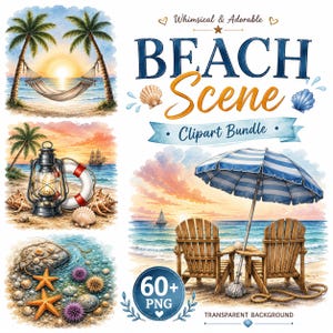 Può includere: Un pacchetto di clipart digitali con scene di spiaggia ad acquerello che includono palme, un'amaca, una lanterna, un salvagente, conchiglie, stelle marine, ricci di mare e due sedie in legno sotto un ombrellone a righe blu e bianche.