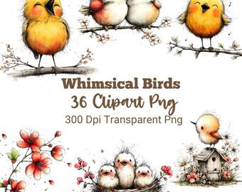 Whimsical Watercolor Birds Clipart Bundle, Spring Nature Animals PNG (36 Graphics)